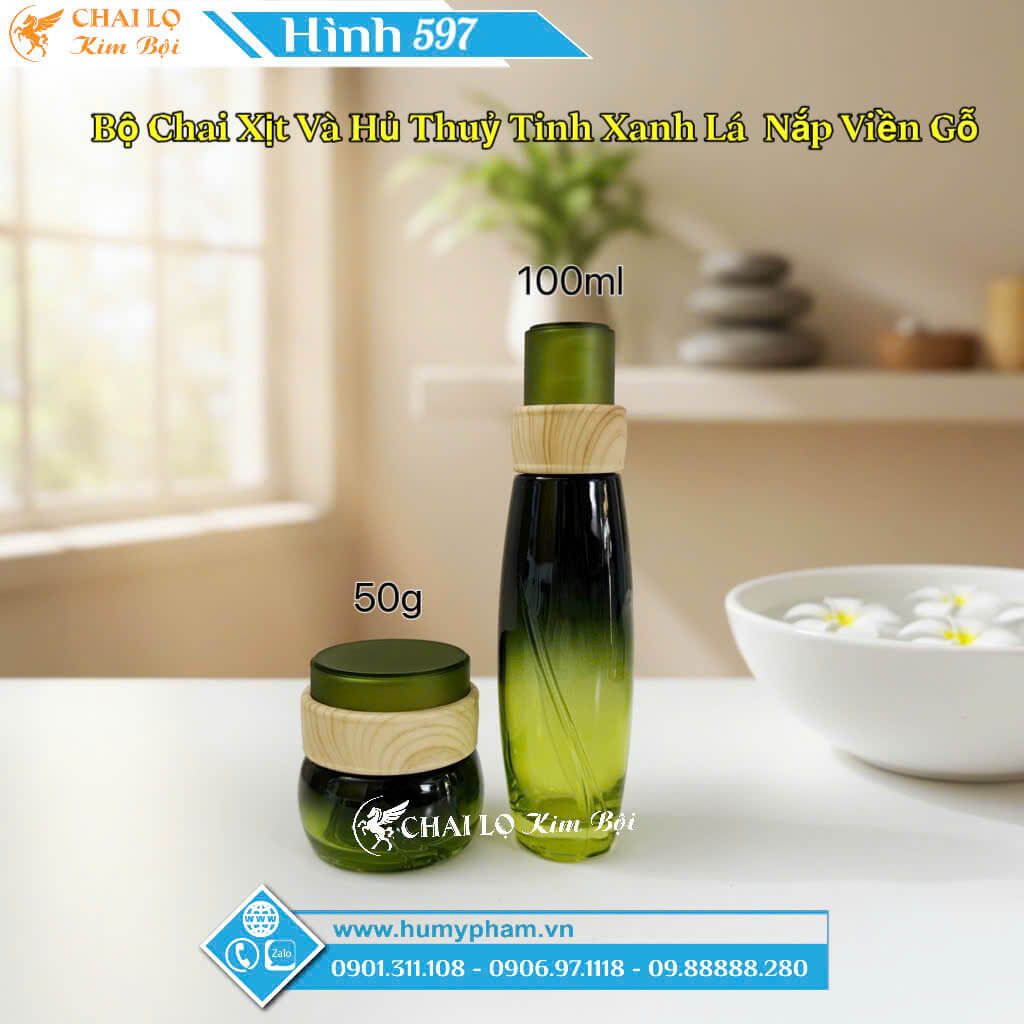 BỘ CHAI XỊT & HỦ THỦY TINH XANH LÁ NẮP VIỀN GỖ
